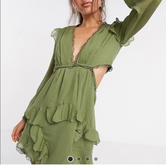 ASOS Olive Long Sleeve Ruffle Dress - Picture 1 of 6